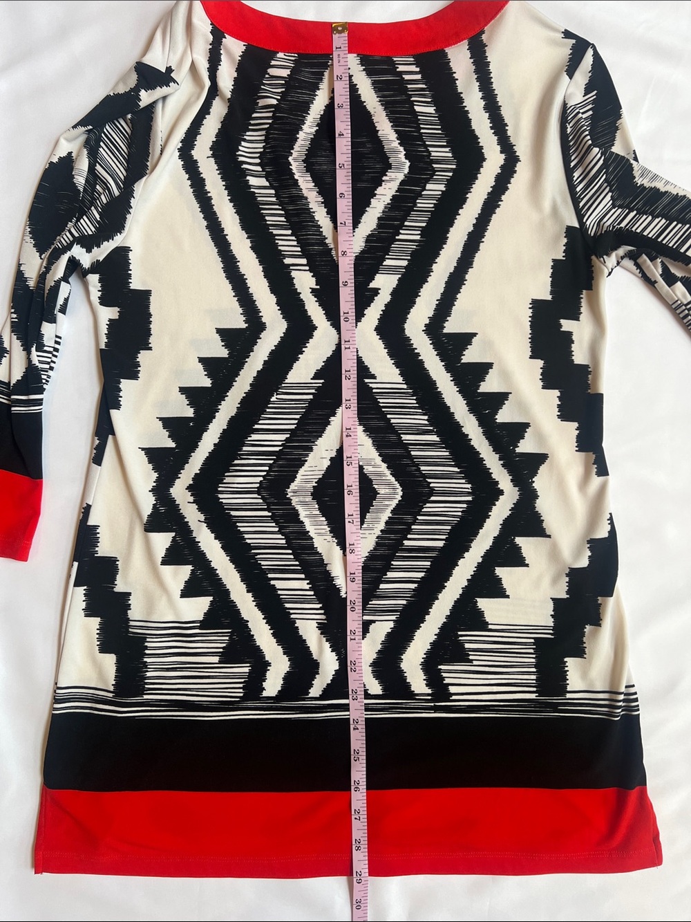 Multiples Sz S Black White Tunic Orange/Red Trim‎ Beaded Neck Pattern Artsy - Picture 6 of 10
